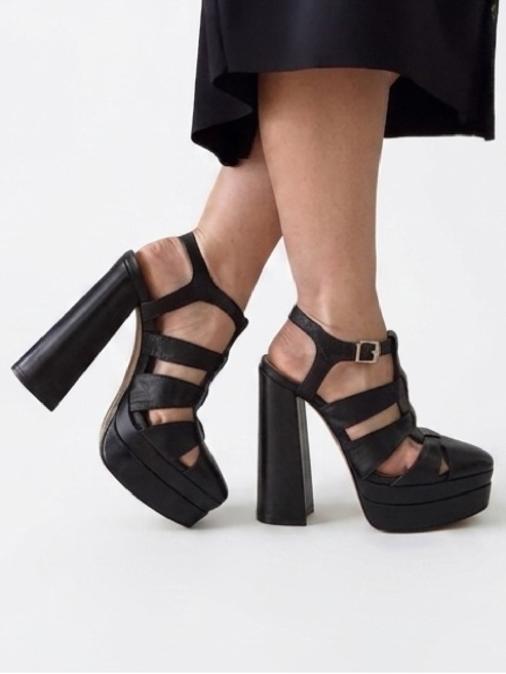 SCHUTZ Daryl Black Leather Fisherman Platform High Heel Sandal 5 Goth Brutalist